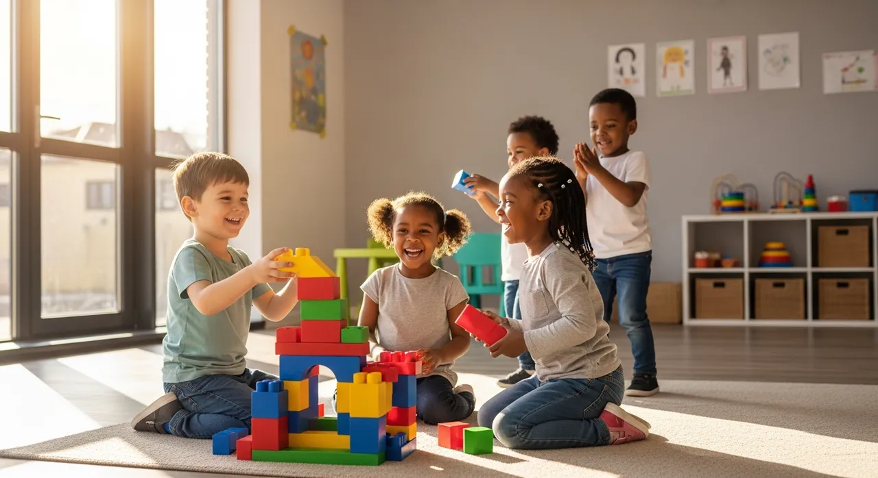 Happy children playing and learning